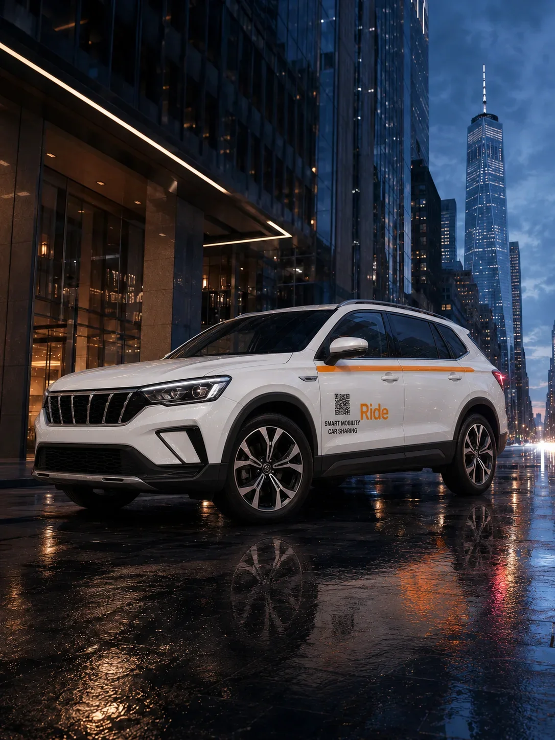 Ride carsharing SUV in black and orange livery on an urban street at dusk