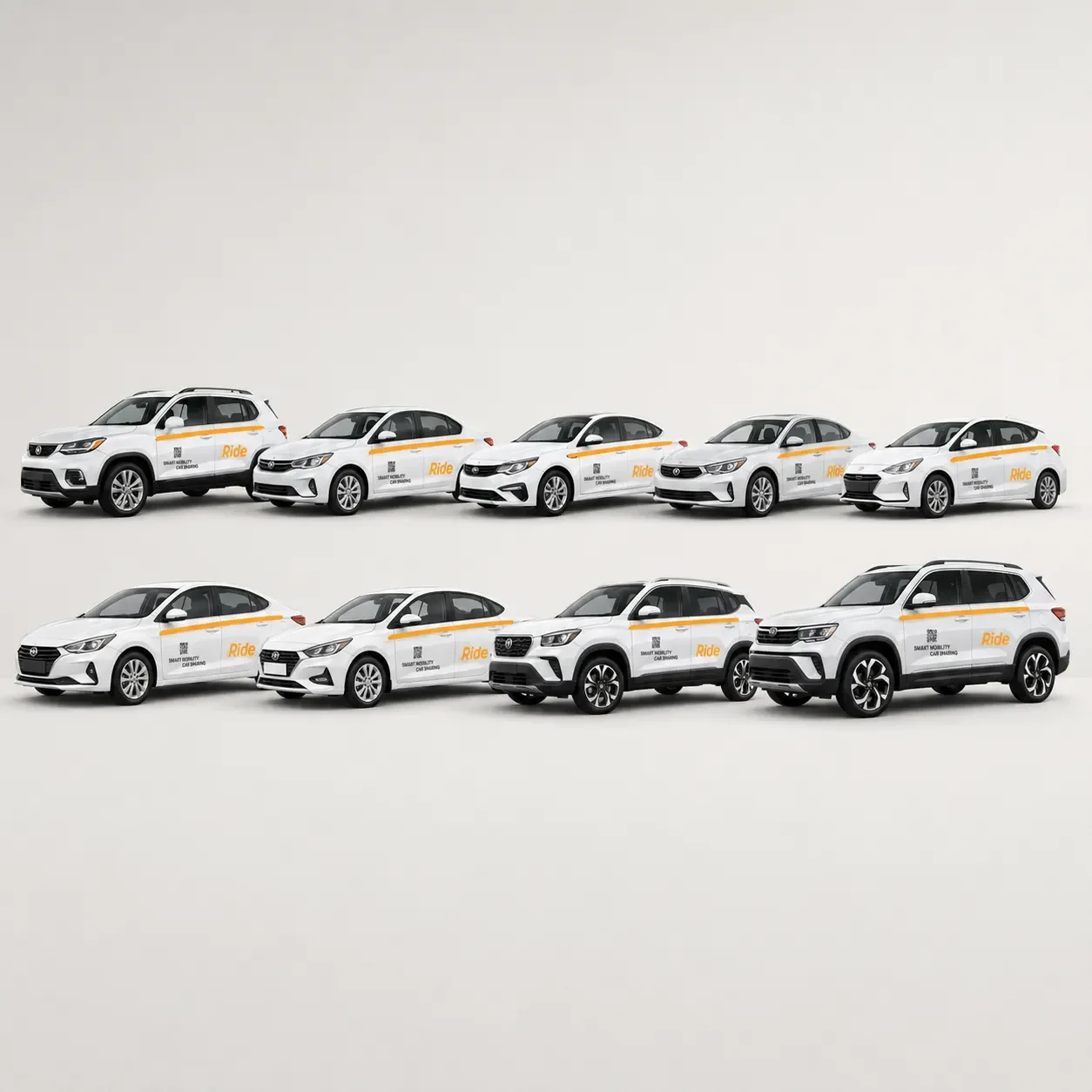Nine Ride by iPakket carsharing vehicles lined up in two rows