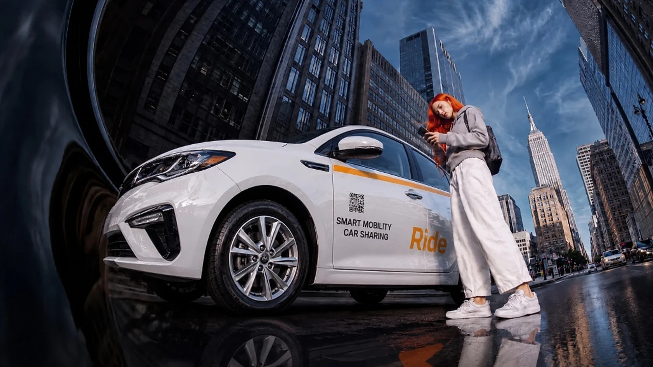 Rider unlocking a Ride carsharing car with the mobile app in Manhattan