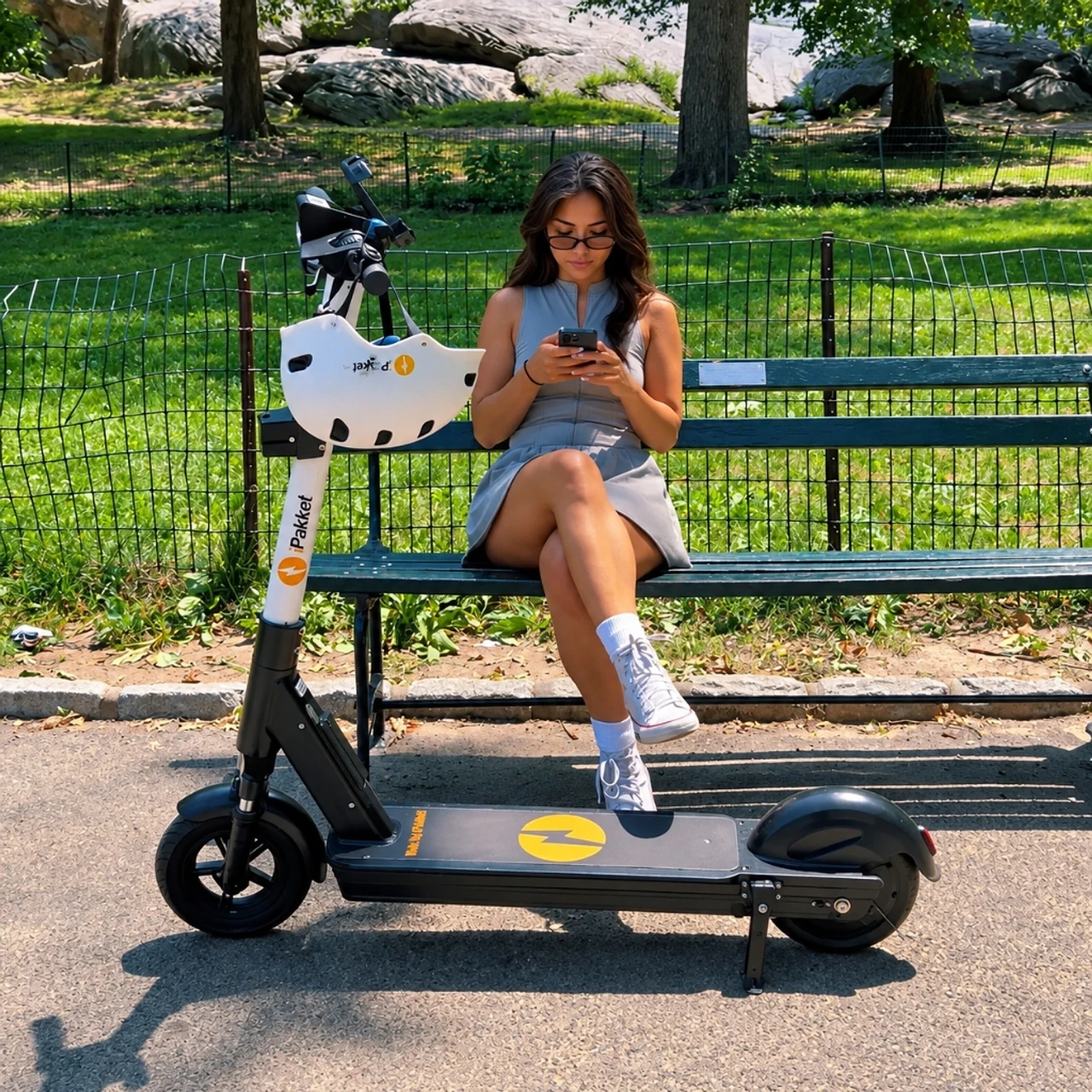 Rider with safety helmet on an iPakket e-scooter beside a Central Park bench
