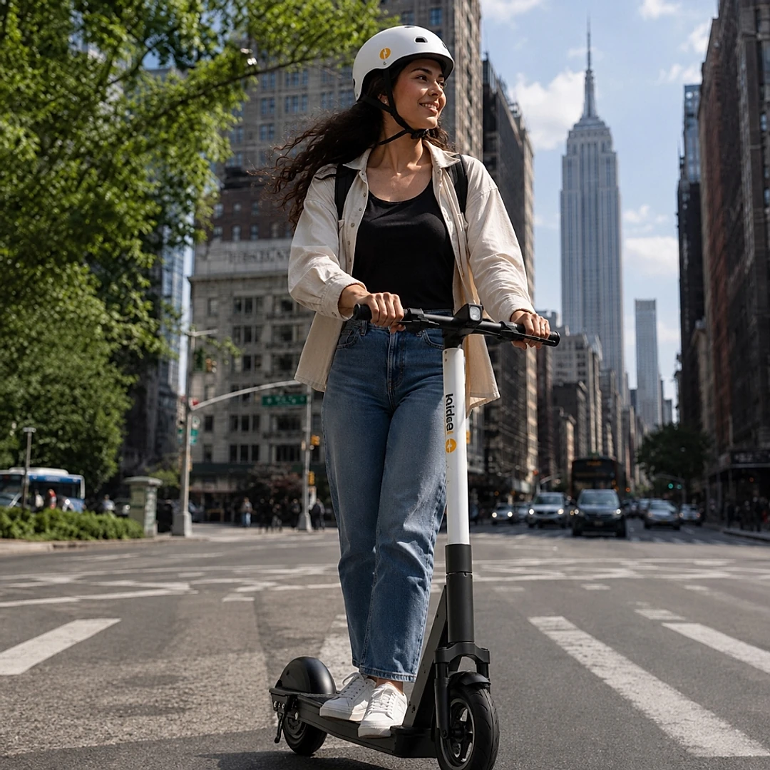 Rider on a Ride e-scooter on a city avenue
